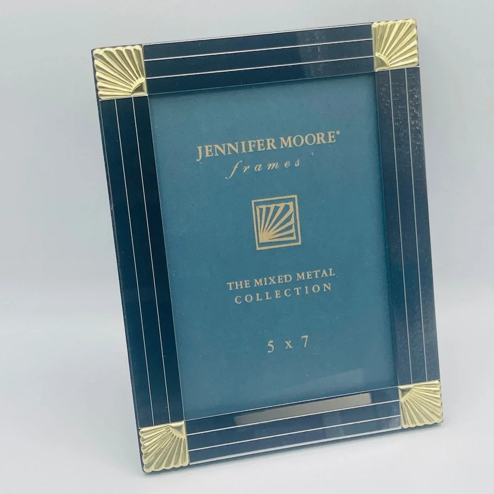 Jennifer Moore Mixed Metal Art Deco 5x7 Picture Frame Silver Gold Black Fan Trim